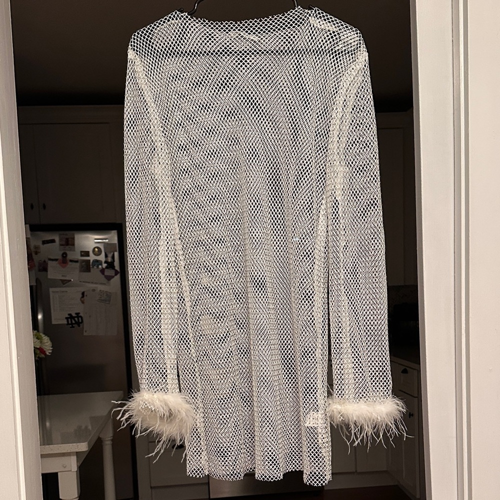12th Tribe White Mesh, sequin Long Sleeve dress with Feather Cuffs